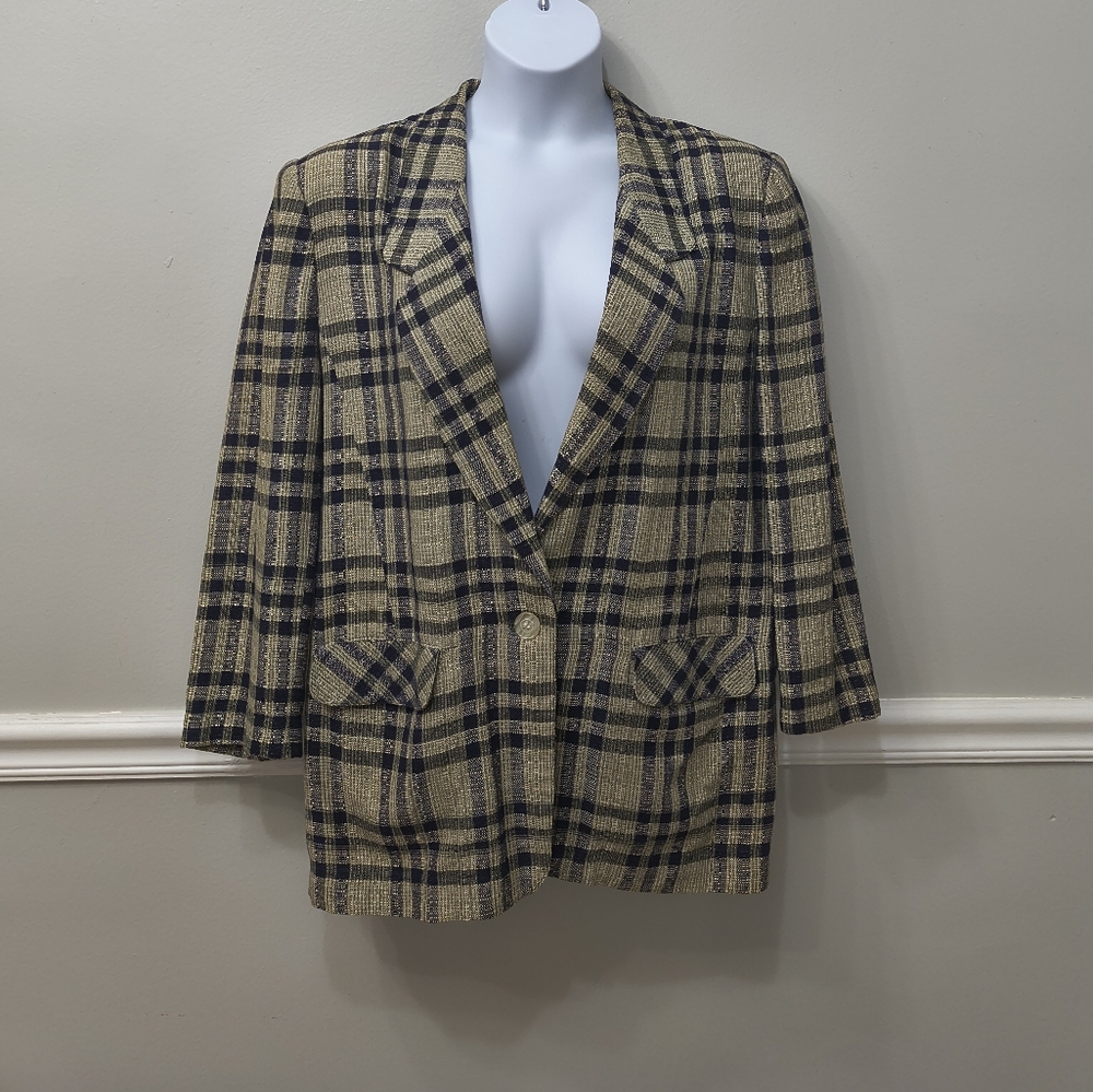 VTG Giogio Sant Angelo Women's Plaid  Linen Cotton Blend Blazer Size 14 Career